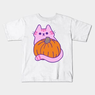 Pink Kitty with Pumpkin Kids T-Shirt